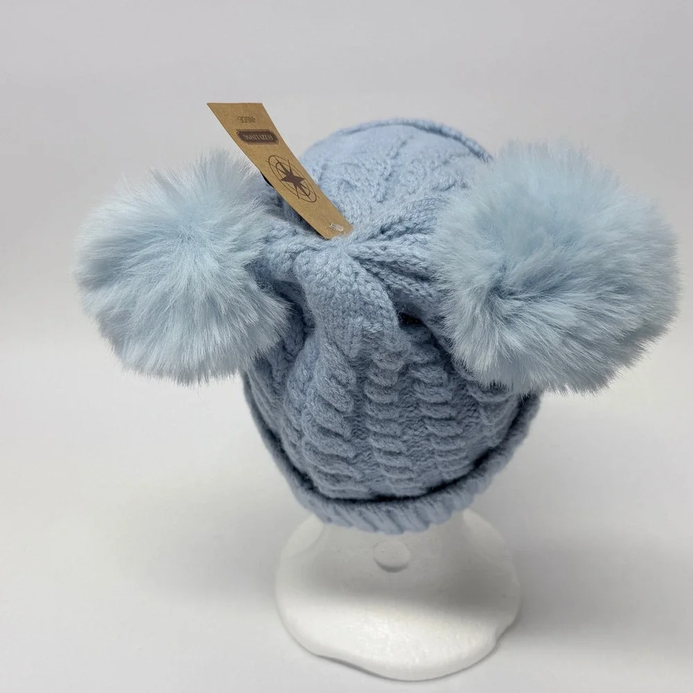 James Paul Youth Light Blue Cable Knit Double Pom Beanie Heart Detail New